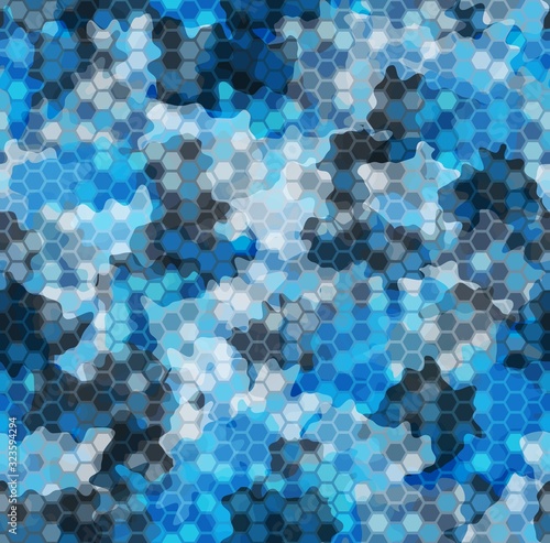Seamless ornament pattern with halftone hex cells in linear style