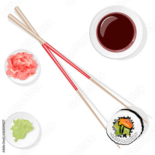 Illustration of roll sushi with salmon, prawn, avocado, cream cheese. Sushi menu. Japanese food isolated on white..