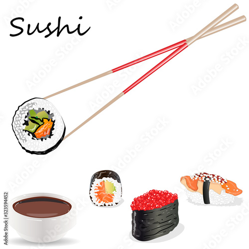Illustration of roll sushi with salmon, prawn, avocado, cream cheese. Sushi menu. Japanese food isolated on white..