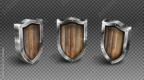 Wooden shield with metal frame vector set, medieval knight ammo, wood guard with steel border award trophy, military armor front side view isolated on transparent background realistic 3d icon, clipart