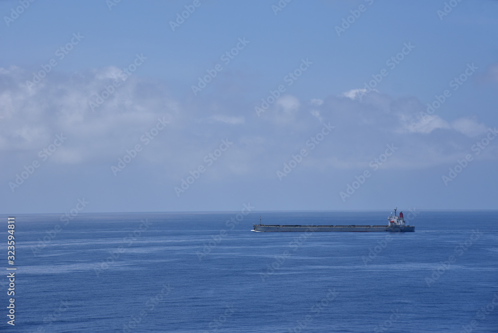 Landscape of the calm ocean with sailing cargo ship. 