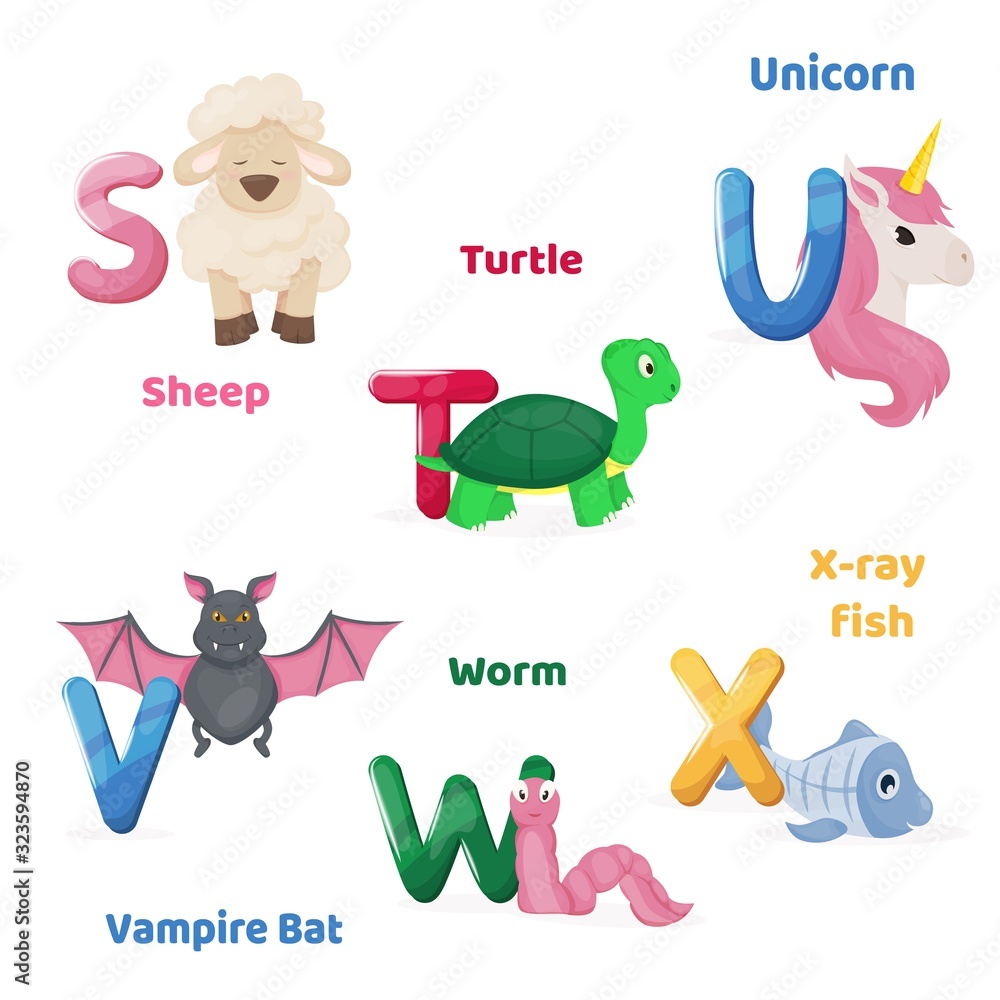 Alphabet printable flashcard with letter S T U V W X. Zoo animals for  english language education. Stock Vector | Adobe Stock