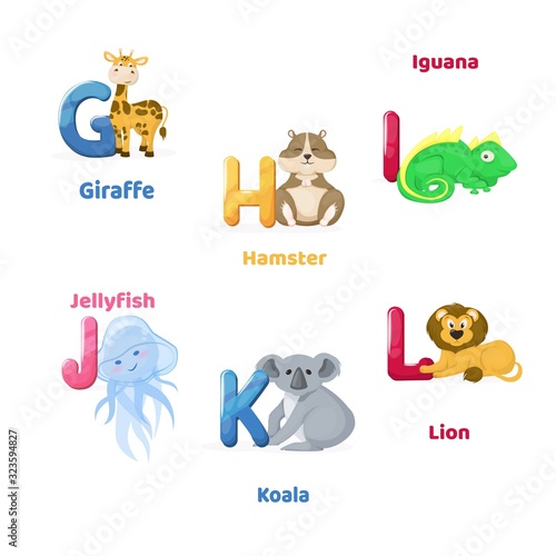 Alphabet printable flashcard with letter G H I J K L. Zoo animals for english language education.