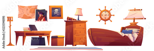 Pirate baby room interior set, thematic furniture and accessories ship bed with sail, steering wheel clock, treasure map, jolly roger scull picture, table, books, spyglass Cartoon vector illustration