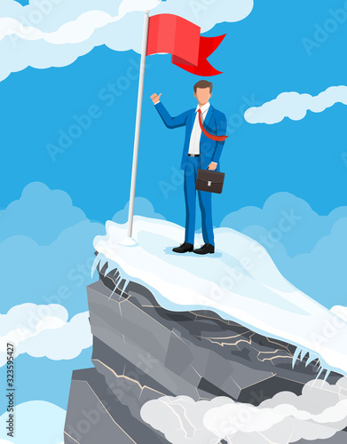 Businessman standing on top of mountain with flag and showing thumb up. Symbol of victory, successful mission, goal and achievement. Trials and testing. Win, business success. Flat vector illustration