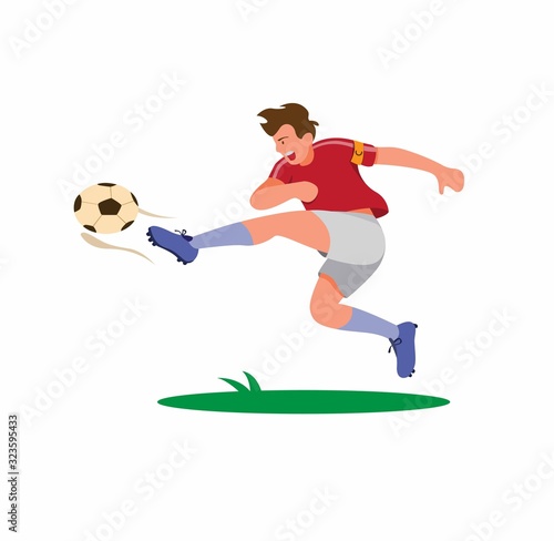 captain of football player kicking ball, striker shooting ball to make goal cartoon flat illustration vector isolated in white background