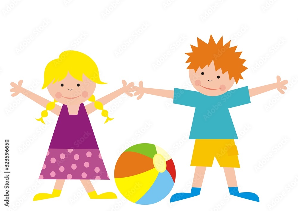 Girl and boy with ball, cute vector illustration Girl and boy with ball, cute vector illustration