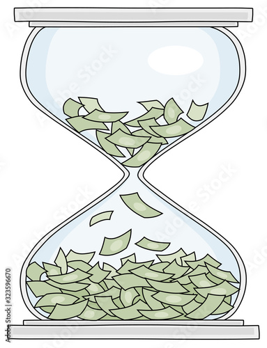 Losing of money and squandering time in an hourglass, vector cartoon illustration on a white background