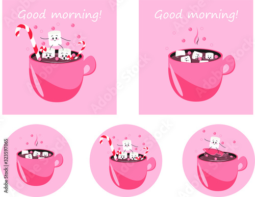 Coffee with marshmallows. Coffee with funny marshmallows. Coffee drink with marshmallows. Greeting cards with good morning. Set of pictures with marshmallows.