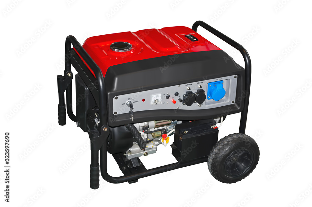 Small portable gasoline electric generator isolated on a white background - obrazy, fototapety, plakaty 