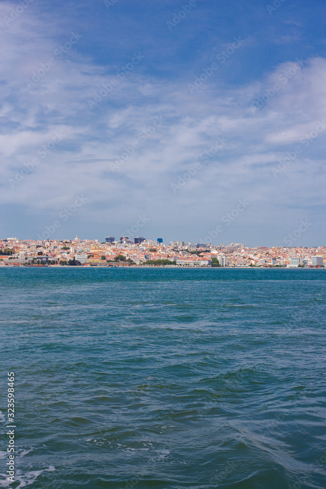 Lisbon on the Tagus river bank, central Portugal. Tajo view from the ferry to Almada.