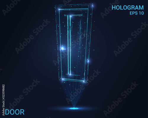 The hologram door. Holographic projection of the door. Flickering energy flux of particles.