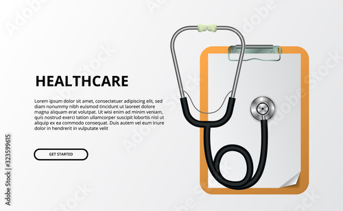 healthcare medical concept with illustration of stethoscope with clipboard report concept. global world health day. diagnose check up at hospital.
