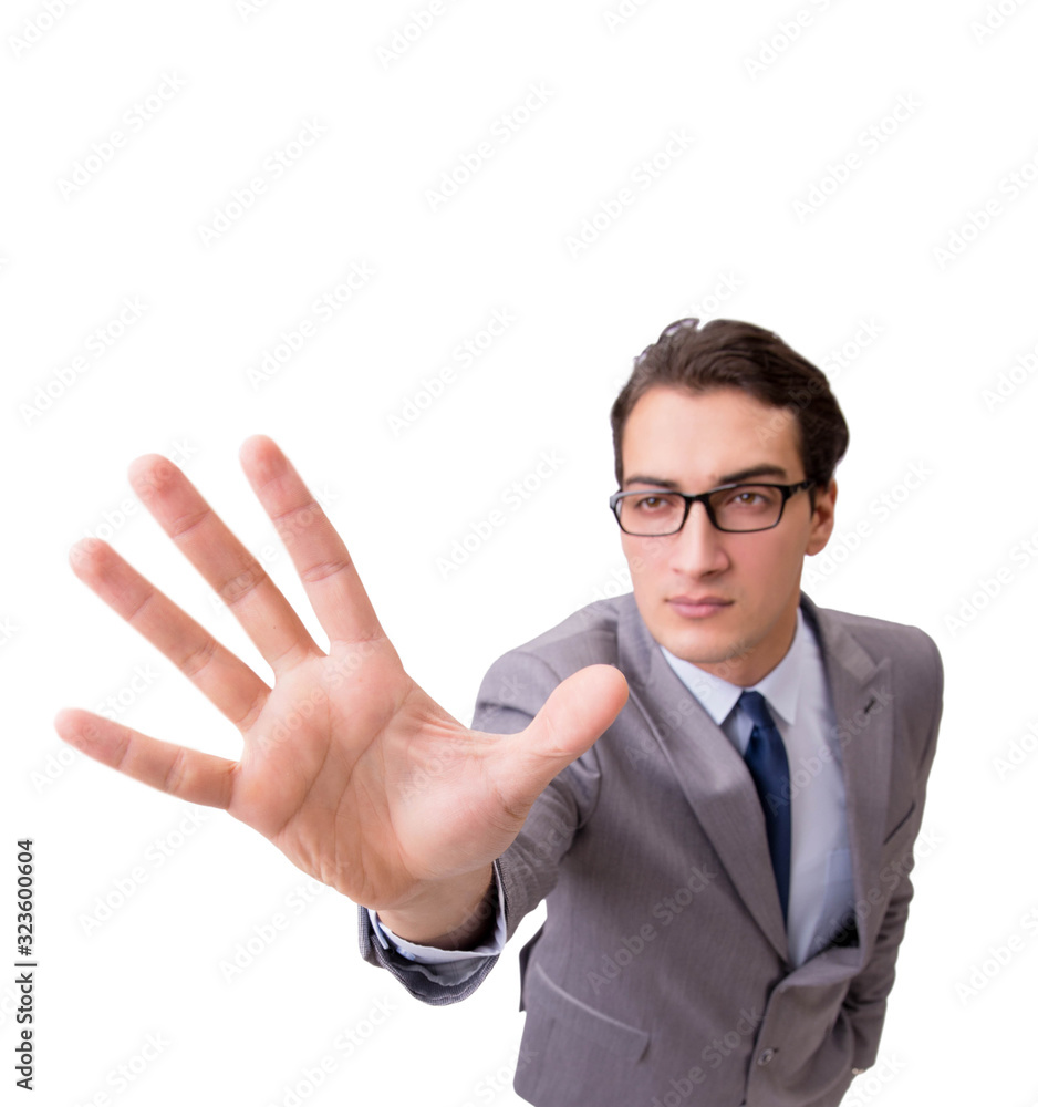 Funny businessman pressing virtual buttons isolated on white Funny businessman pressing virtual buttons isolated on white