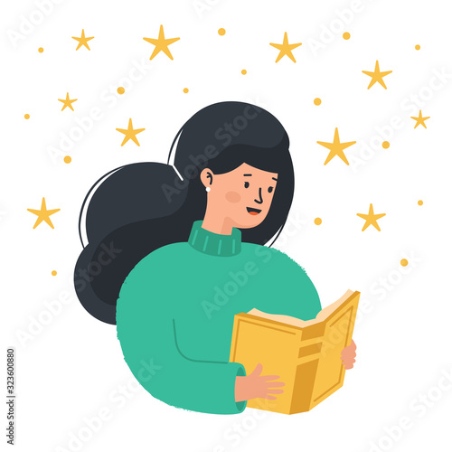 Girl is reading a book. Female character reads a book. The concept of training, education, literary festival