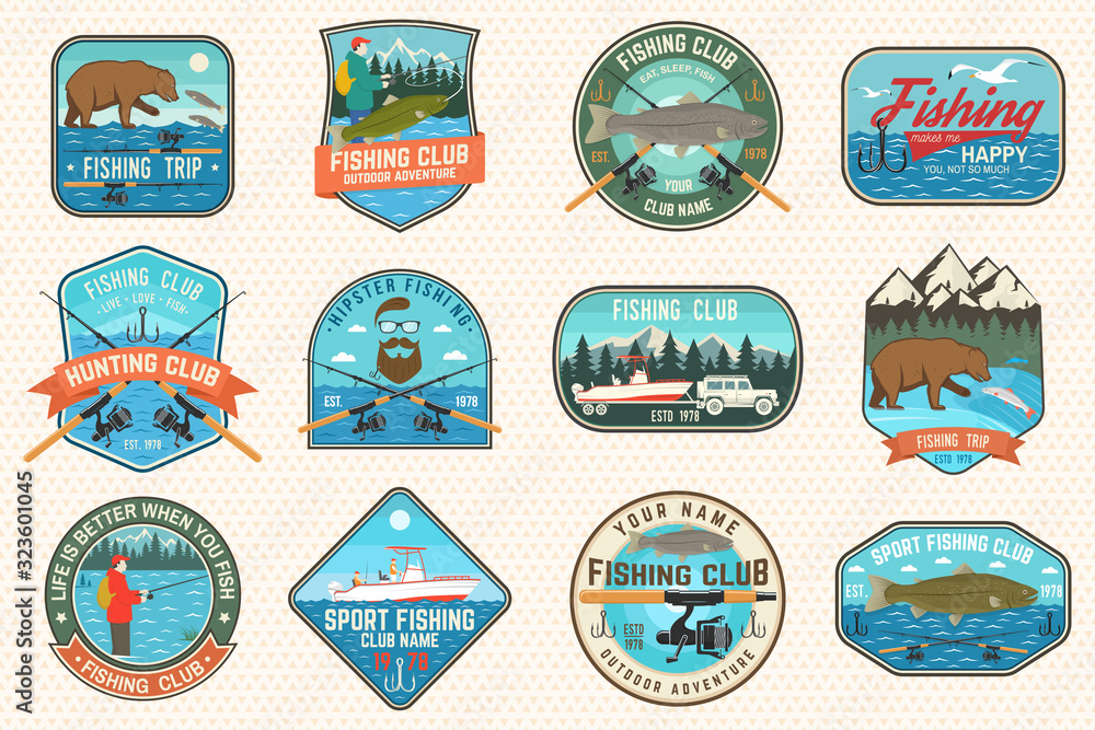 Set of fishing patch. Vector. Concept for shirt or logo, print, stamp, tee, patch. Vintage typography design with fisher, river, rainbow trout, bear and mountain silhouette.