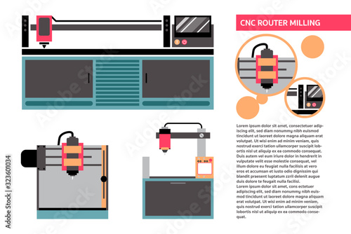 Retro color set of CNC router milling machine with example layout design. Vector illustration with layers.