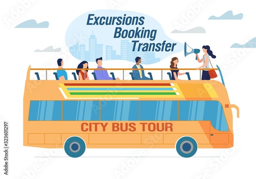 City Bus Tour and Excursion Booking Transfer Advert. Happy Excited People Tourist Traveling with Guide Holding Megaphone. Two-Deck Vehicle with Open Roof. City Voyage. Vector Illustration