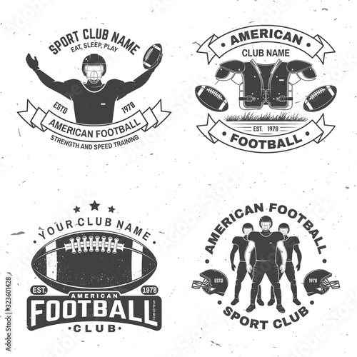 Set of american football or rugby club badge. Vector for shirt, logo, print, stamp, patch. Vintage design with american football sportsman player, helmet, ball and shoulder pads silhouette