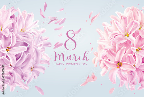 Lilac and pink Hyacinth flower and white Hydrangea flower for 8 March vector greeting card