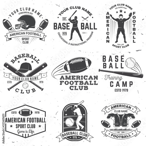 Set of american football and baseball club badge. Vector for shirt, logo, print, stamp. Design with baseball bats, american football sportsman player, helmet, ball and shoulder pads silhouette