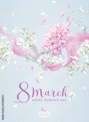 Lilac Hyacinth flower and white Hydrangea flower for 8 March vector greeting card