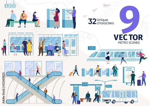 City Subway Passengers Activities Scenes, Daily Travel Situations Trendy Flat Vectors Set. Metropolis Public Transport, Passengers Transportation, Traveling People, Metro Station Elements Illustration
