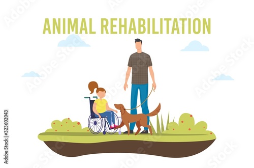 Disabled People Rehabilitation with Animals Trendy Flat Vector Banner, Poster Template. Girl with Disability, Injured Child, Paralyzed Daughter in Wheelchair Petting A Dog, Plays with Pet Illustration