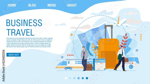 Business Travel Planning Official Journey Scheduling Online Service. Businessmen with Suitcases Travelling by Bus, Railway Train, Airplane. Trendy Landing Page Abstract Design. Vector Illustration