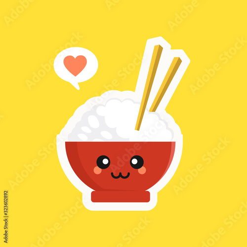 Cute and kawaii rice bowl character isolated on color background. Rice bowl with emoji and expression. can use for restaurant, resto, mascot, asian culture element, chinese food, japanese food, menu. 