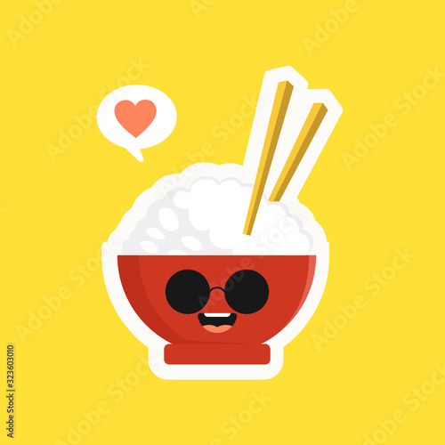 Cute and kawaii rice bowl character isolated on color background. Rice bowl with emoji and expression. can use for restaurant, resto, mascot, asian culture element, chinese food, japanese food, menu. 