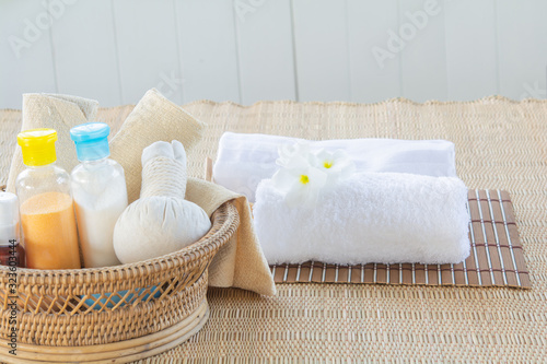 Massage and spa ball in basket on bed bamboo.