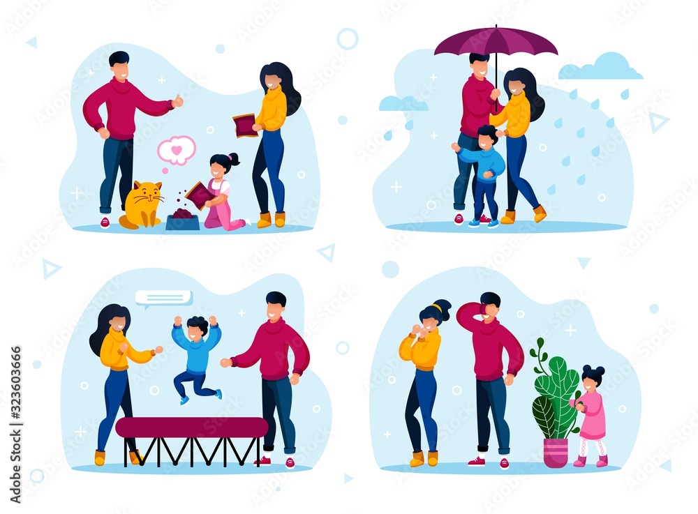 Fototapeta premium Family Outdoor Activities and Home Hobby Trendy Flat Vector Concepts Set. Parents and Child Feeding Cat, Walking Outside in Rain, Jumping on Trampoline, Playing in Hide-and-Seek Isolated Illustrations