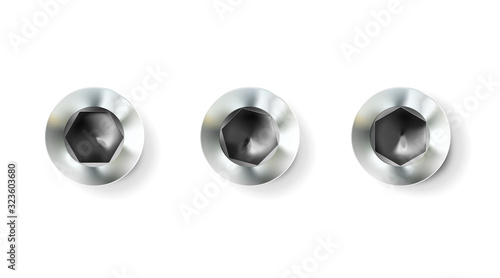 Set chrome imbus screw, bolt with a cylindrical head. Shiny cap twisted in surface isolated on white background. Macro metal top view of wide a hat metalwares. Vector illustration.