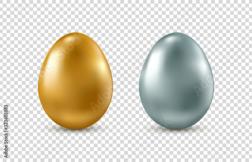 Vector golden and silver realistic Easter eggs on transparent background.