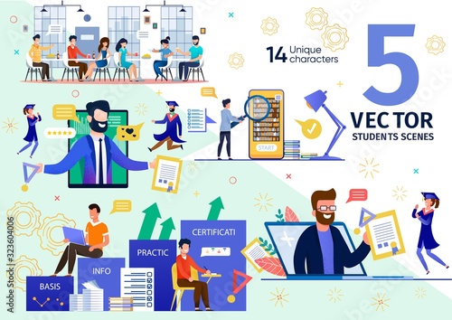 Modern Students Education Scenes Trendy Flat Vectors Set. Female, Male Students, Eating in Cafe or Campus Eatery, Planning Education and Career, Receiving Diploma for Online Course Illustrations