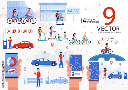 Modern Ecological Transport for City People Trendy Flat Vector Scenes Set. Man and Woman, Parents with Children Rides Bicycle and Scooter, Electrical Car Owner Searching Charger Station Illustrations