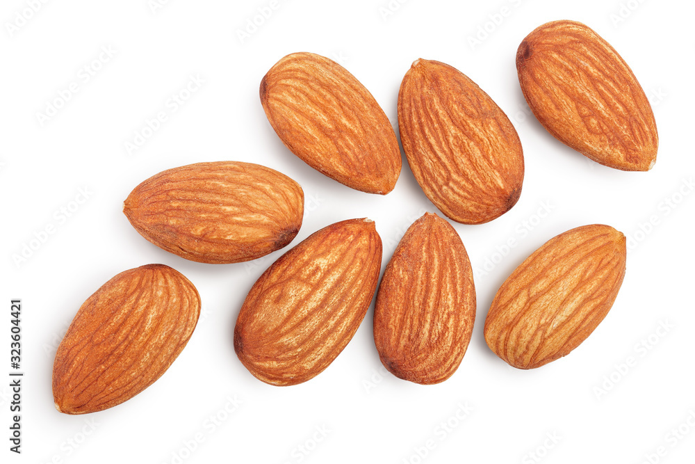 Almonds nuts isolated on white background with clipping path and full depth of field. Top view. Flat lay Almonds nuts isolated on white background with clipping path and full depth of field. Top view. Flat lay