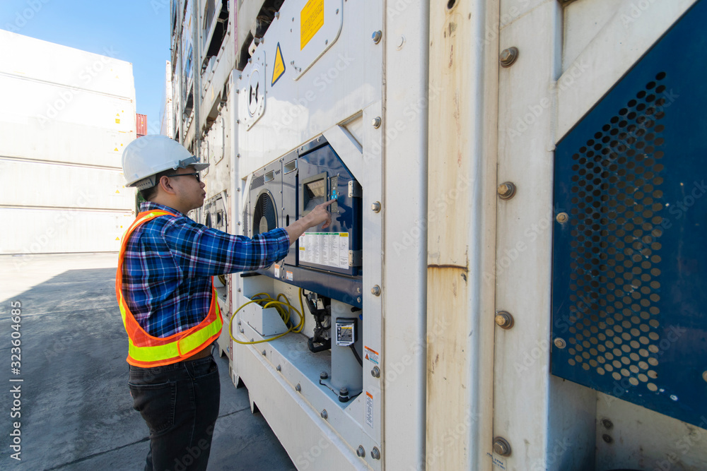 Young man Reefer technician is monitoring reefer container at the