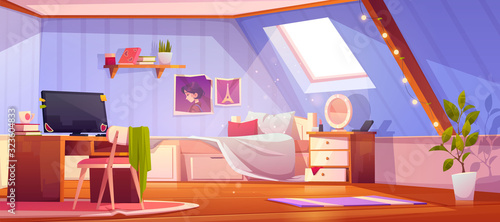 Girl bedroom interior on attic. Vector cartoon mansard teenager room with unmade bed, workspace for study with desk and computer, books and pictures on wall
