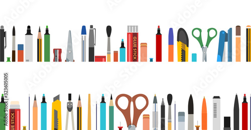 Stationery. Horizontal background for the bottom of the page of a web site, banner, booklet. Vector illustration. Isolated on a white background. Pencils, pens, felt-tip pens, brushes, erasers