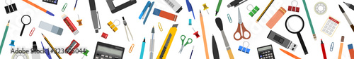 Stationery. Horizontal background for advertising a store, company. Vector illustration. Isolated on a white background. Pencils, pens, felt-tip pens, brushes, erasers, scissors, adhesive tape