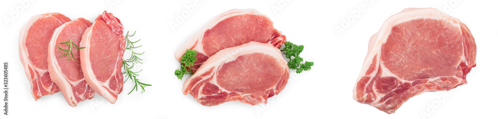 sliced raw pork meat isolated on white background. Top view. Flat lay. Set or collection - obrazy, fototapety, plakaty 