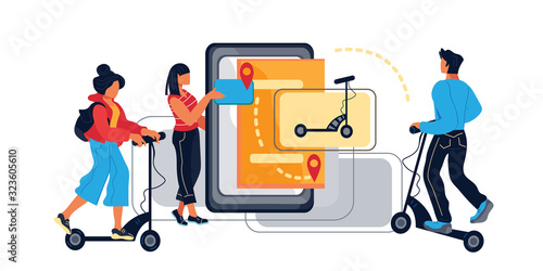 Electric scooter sharing or rental station with characters. Ecological smart city system of public transportation and mobile application for seek vehicle. Flat vector illustration isolated.