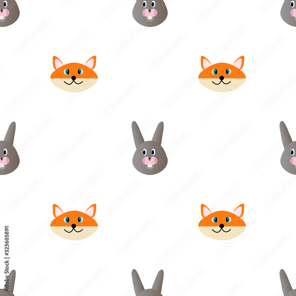 Head of a hare and a Fox in a cartoon style in the form of a pattern