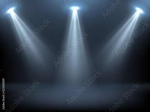 Stage illuminated by spotlights. Empty podium with spot of light. Vector realistic mockup of studio or theater interior with scene and rays of lamps. Background for concert, show, presentation of