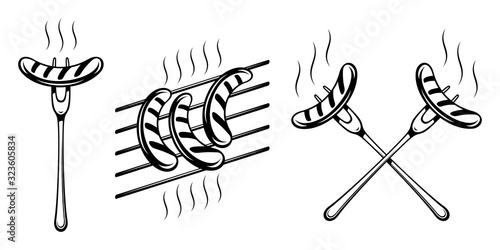 Bavarian grilled sausage on fork and on grill grate. Forks with sausages are crossed. Traditional german food on Oktoberfest. Black and white monochrome vector illustration in retro inked print style