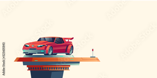 Red sport car on futuristic extendable platform isolated on background. Vector cartoon illustration of supercar standing on top of automatic podium. Fantastic cyberpunk vehicle model
