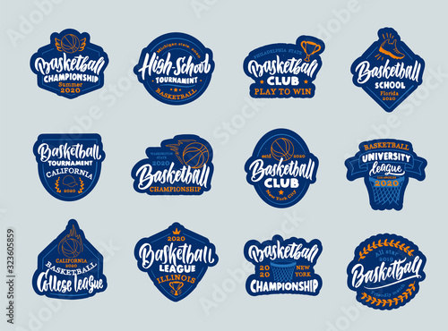 Set of vintage Basketball emblems and stamps. Basketball club, school, league stickers, patches, badges, templates
