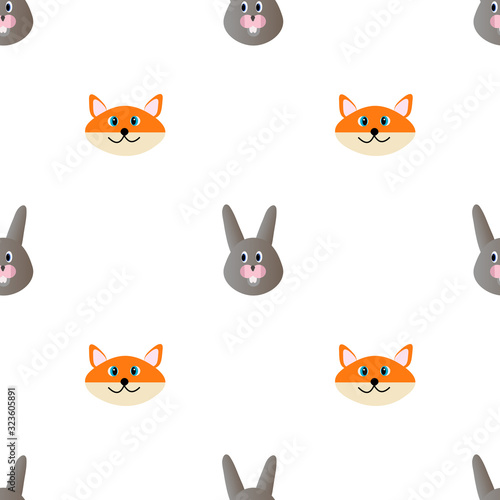 Head of a hare and a Fox in a cartoon style in the form of a pattern